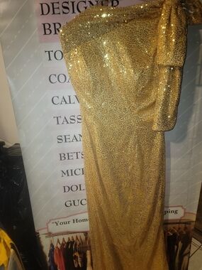 Gold Sequin One-Shoulder Bow Gown